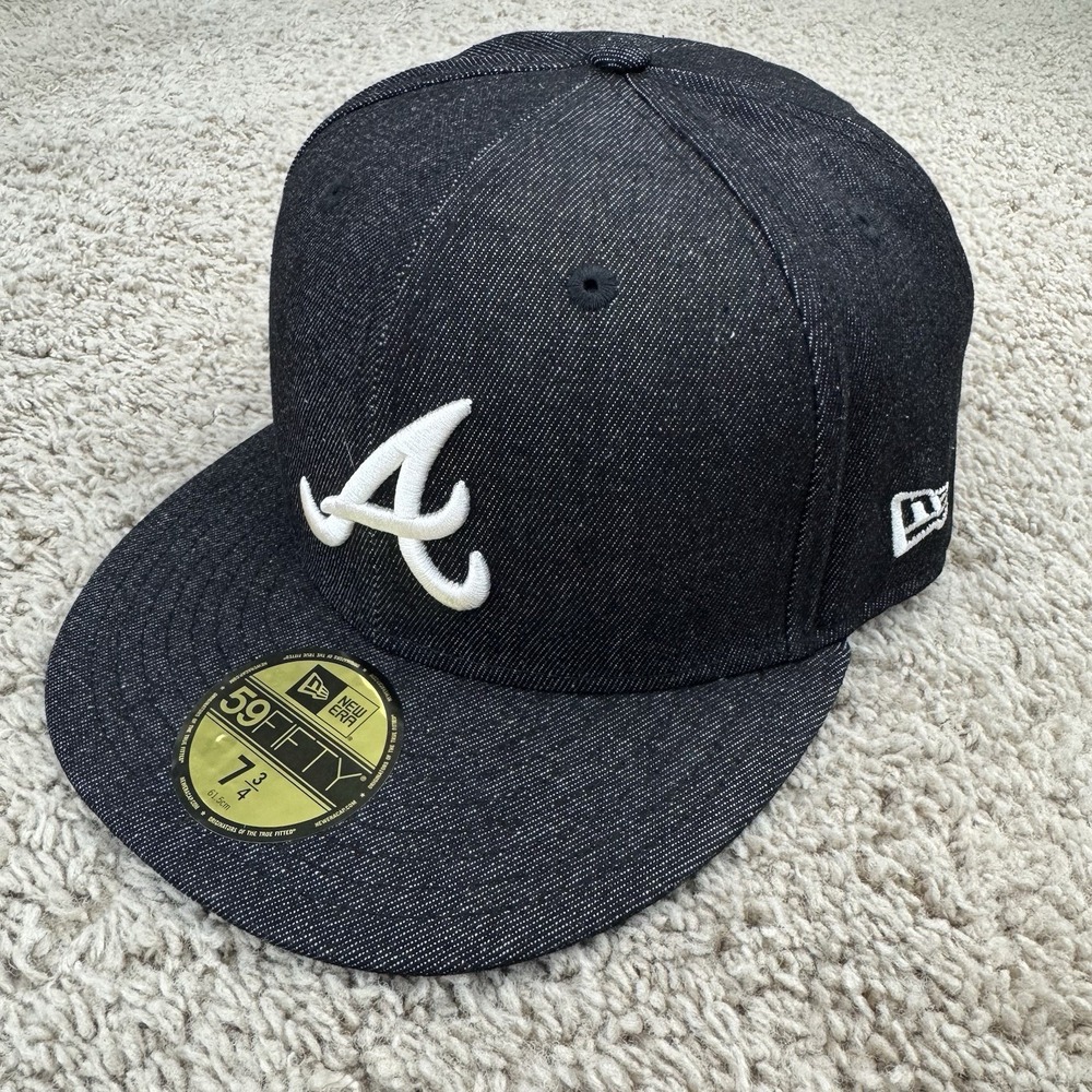 Atlanta Braves Hat New‎ Era 7 3/4 Black Denim Team Logo 1999 World Series Patch - Picture 2 of 9